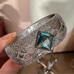 Antique 1920’s Art deco Silver Filagree Pale blue Glass Wide Bracelet